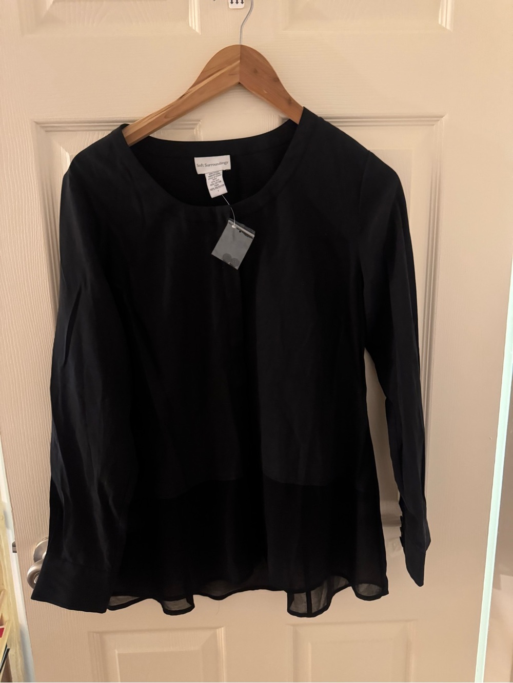 Soft Surroundings Black Long-Sleeve Blouse with Chiffon Hem, silk blend. Medium